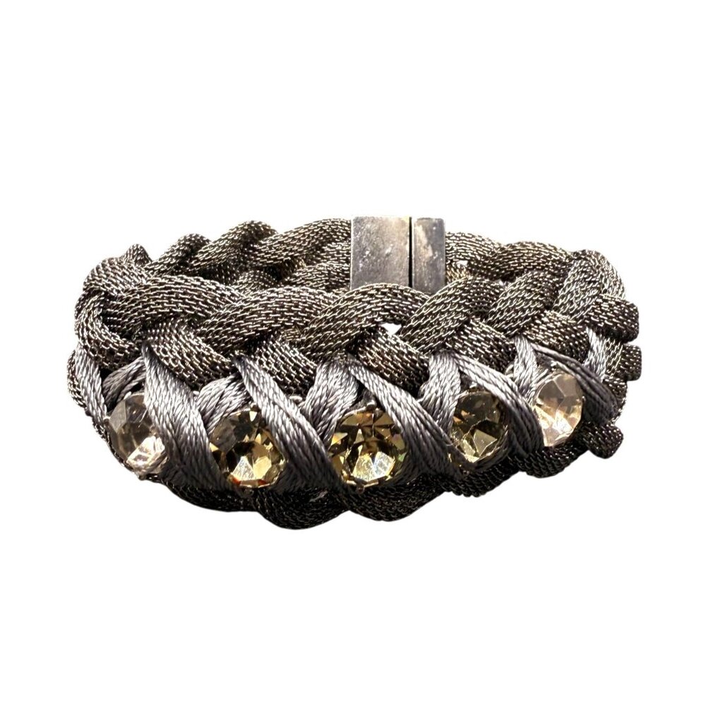 Banana Republic Faceted Crystal Black Mesh Chain Bangle Bracelet Silver Tone